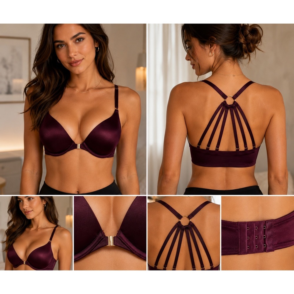 Victoria's Secret Push Up Bra Womens 34C Plum Purple Very Sexy Front Close Caged
